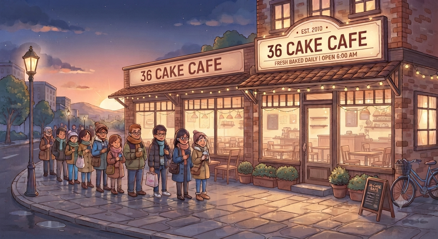 Illustration of a winter morning line outside 36 Cake Cafe at dawn
